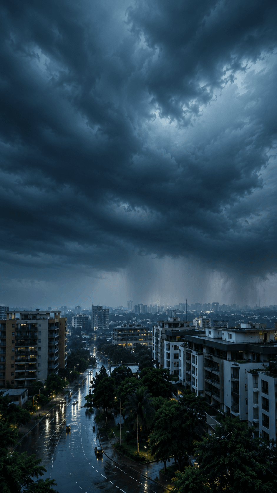 Monsoon storm clouds over a city at dusk