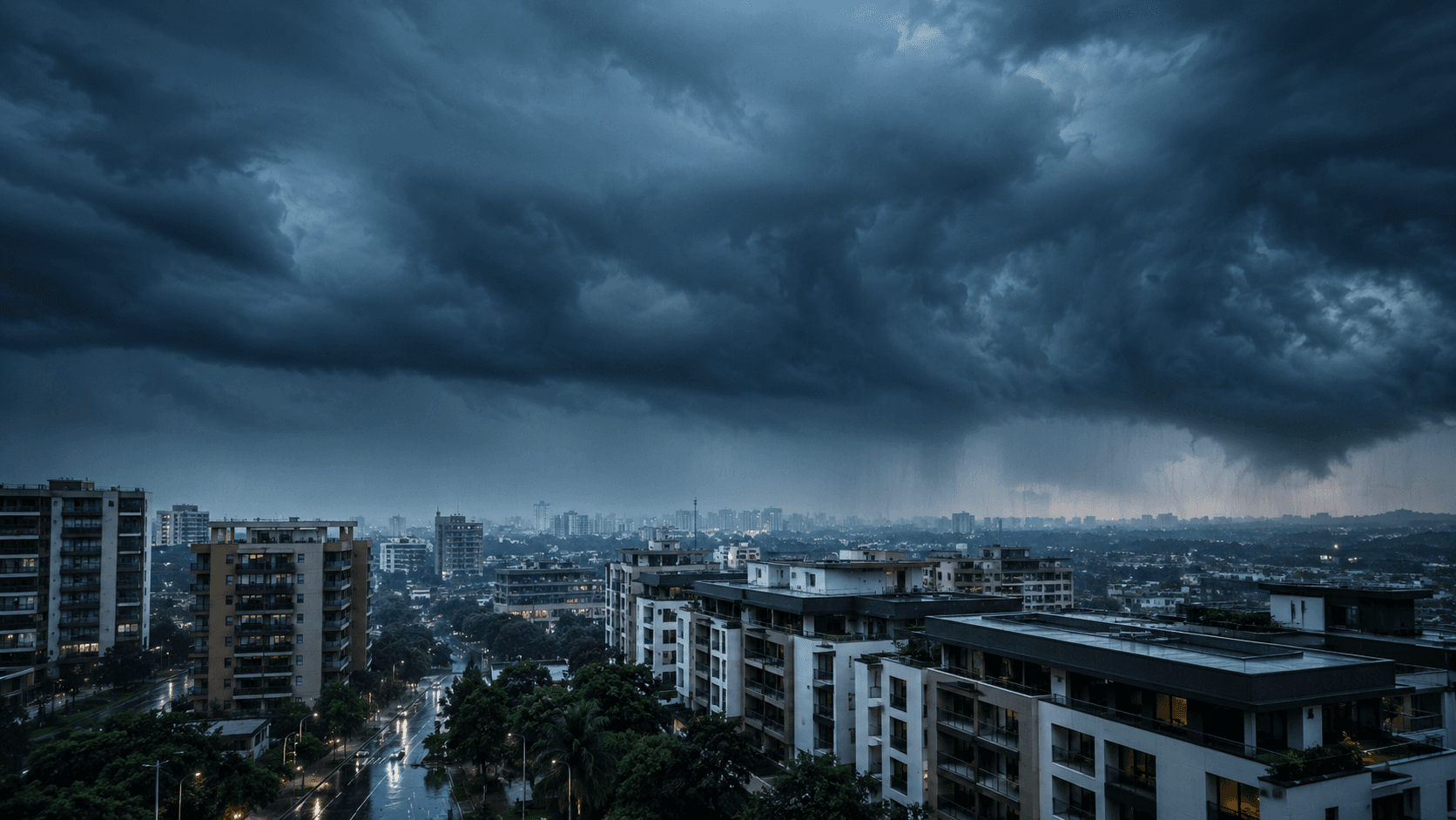 Monsoon storm clouds over a city skyline